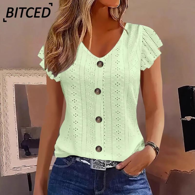 BITCED Women's Fashion Casual Solid Color Print Short Sleeve V-Neck Blouses & Shirts