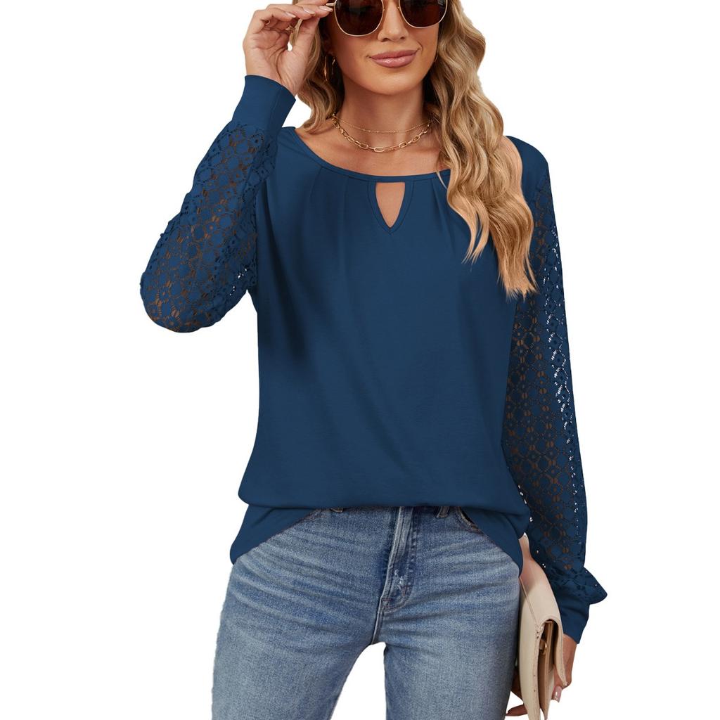 Fall Winter New Women's Solid Color Lace Splicing Loose Long Sleeve T-shirt Top For Cross-border Europe America