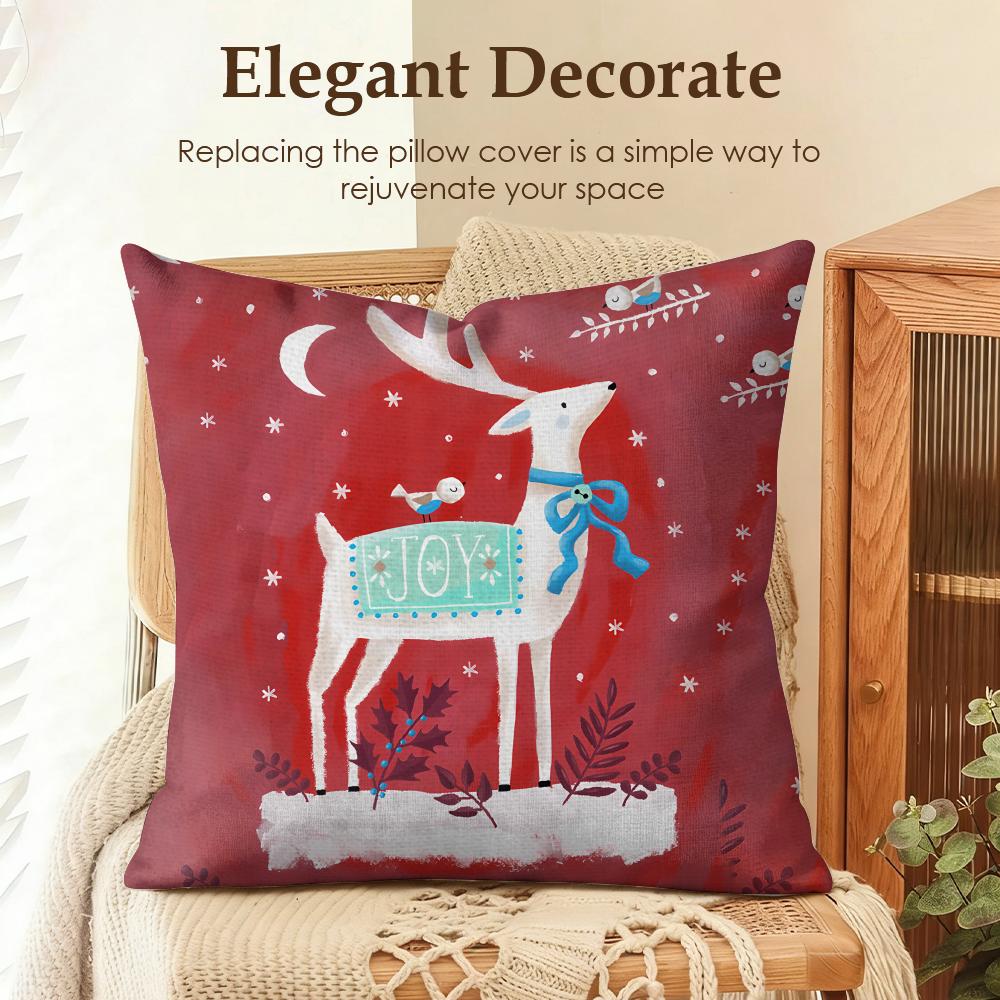 Cute Christmas Reindeer Cushion Cover Natural Linen Organic Fabric Double-Sided Printing Sofa Home Decor Gift Pillow Case