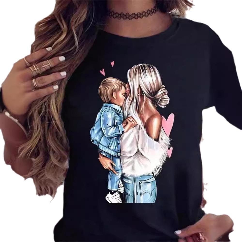 Cartoon Mother and Son Daughter Printed Women's T-Shirt Summer Casual Harajuku Mom Printed Short Sleeves