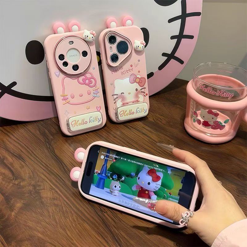 Hello Kitty Stand Compatible with Apple 17 Pro Max Phone Case 15/16 Huawei Honor Phone Case Full Coverage Soft Case