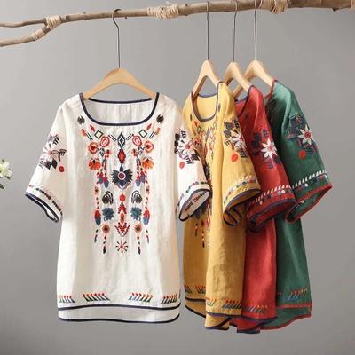Embroidery Floral Tees Women Chinese Style Classic Loose Shirts Casual Vintage O Neck Short Sleeve Summer Blouse Tops