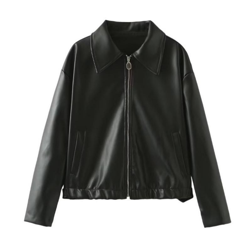 Women'S Solid Color Square Neck Leather Jacket