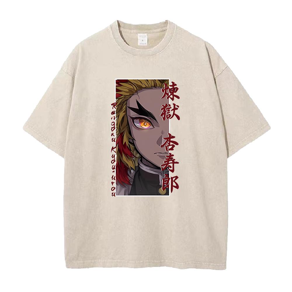 Harajuku Anime Demon Slayer Rengoku Kyoujurou Print Washed T Shirt Men Vintage Casual T-shirts Hip Hop Male Cotton Tshirt
