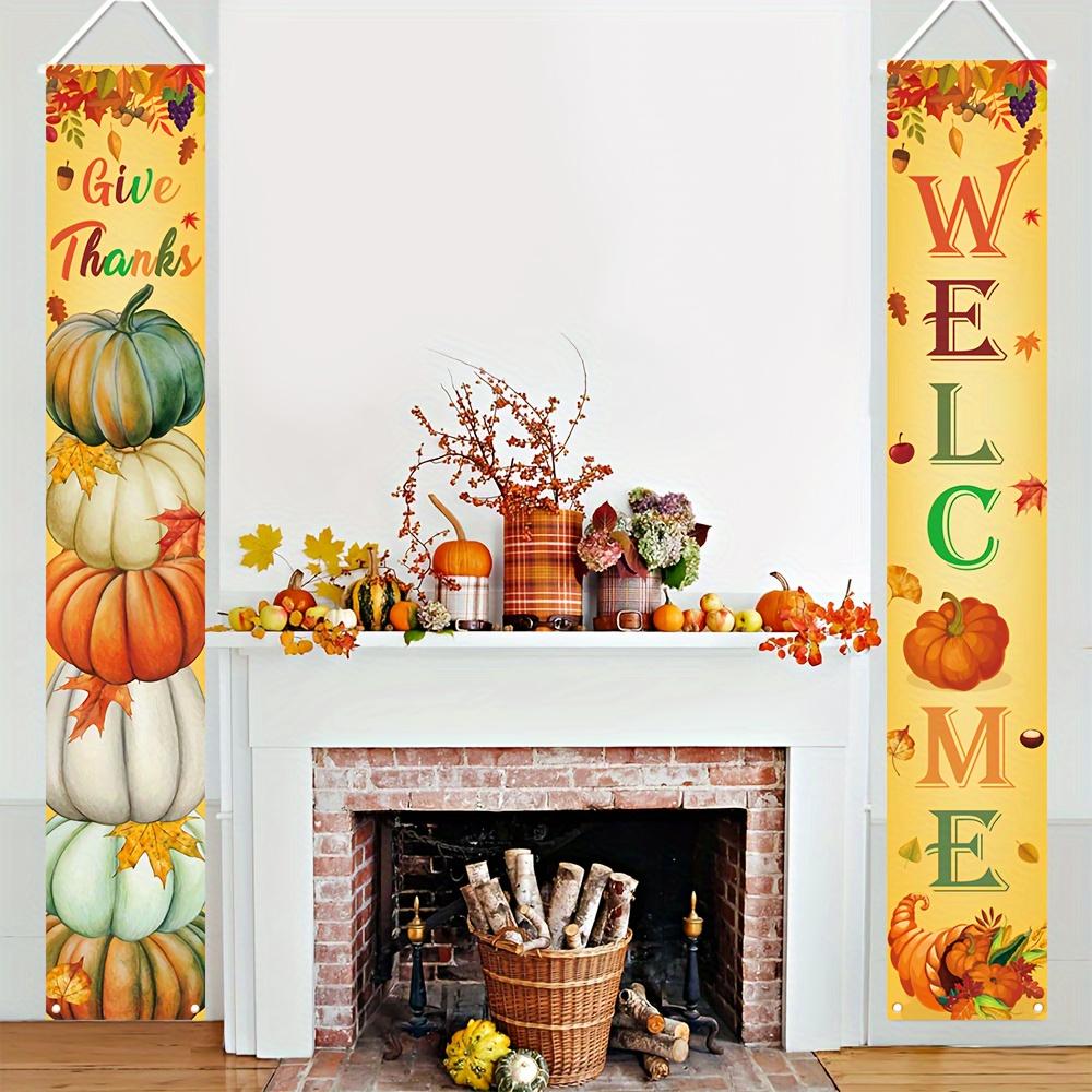 1 Pair, Thanksgiving Happy Porch Decoration Flag, 180cm * 30cm/70.8in * 11.8in, Maple Facing Pumpkin Front Door Decoration Hanging Welcome Banner Flag