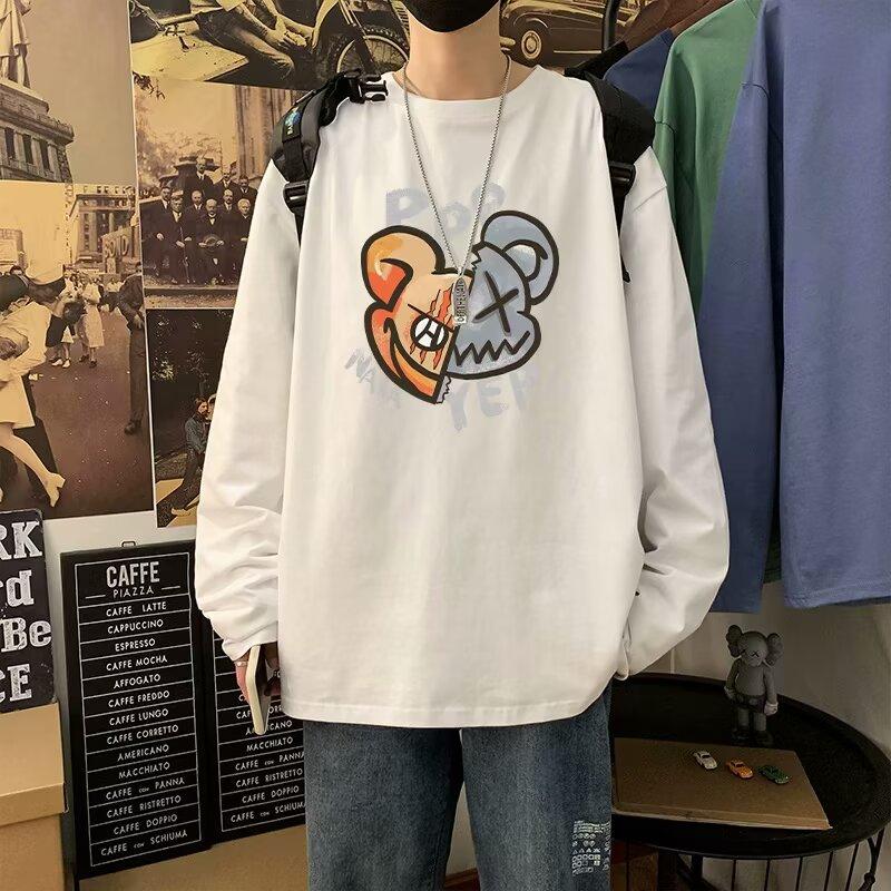 Напечатанный свитер осень-зима для мужчин весна и осень 2024 года, корейский новый свободный топ с круглым вырезом, шикарный стиль Гонконга, модный M белый