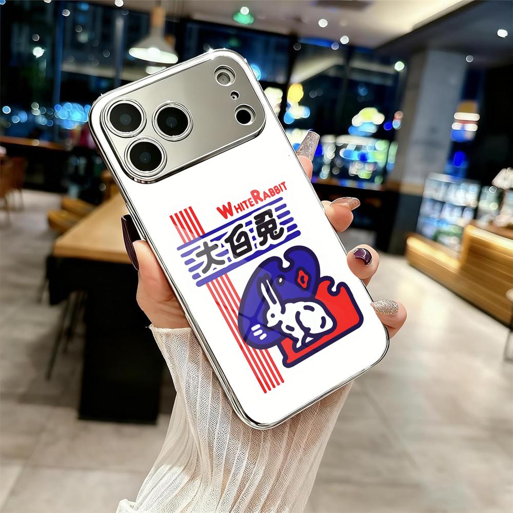

Cute White Rabbit Phone Case For iPhone 17 16 15 14 13 12 Pro Max Plus Electroplated Metal Shockproof Bumper Case Glass Back iPhone 13 Pro Max