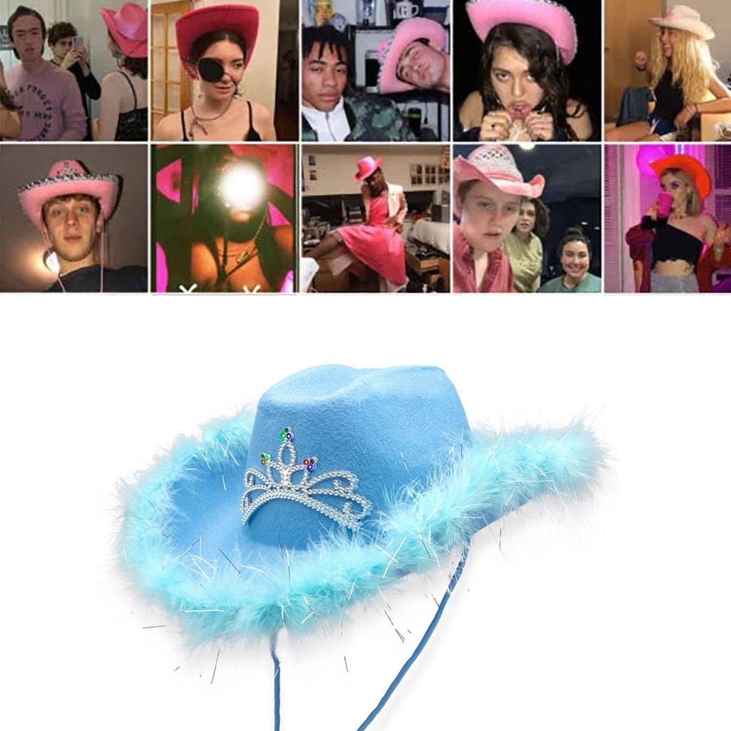 Wedding Party Cowgirl Hat for Bridal Wide Brim Teens RolePlay Cowboy Hat Fashion Music Festival Hat Rhinestone Crown Cap