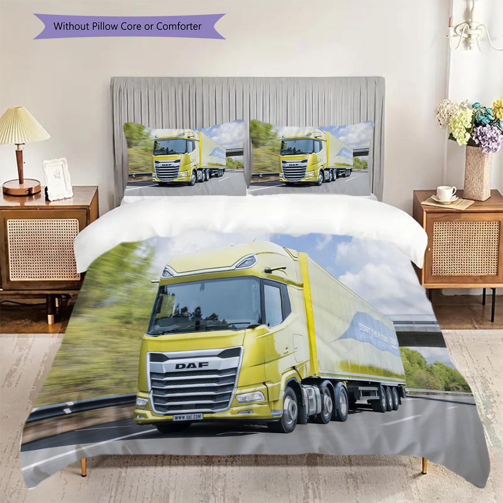 Golden Trucks Motion Bedding (1 * duvet cover + 2 * pillowcase, without core) 2D Flat Soft and comfortable Bedding set Christmas birthday gift