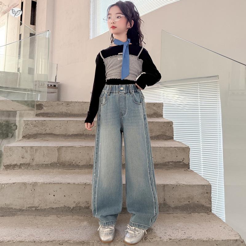 Girls' Autumn 2026 Korean Style Wide-Leg Jeans for Big Kids
