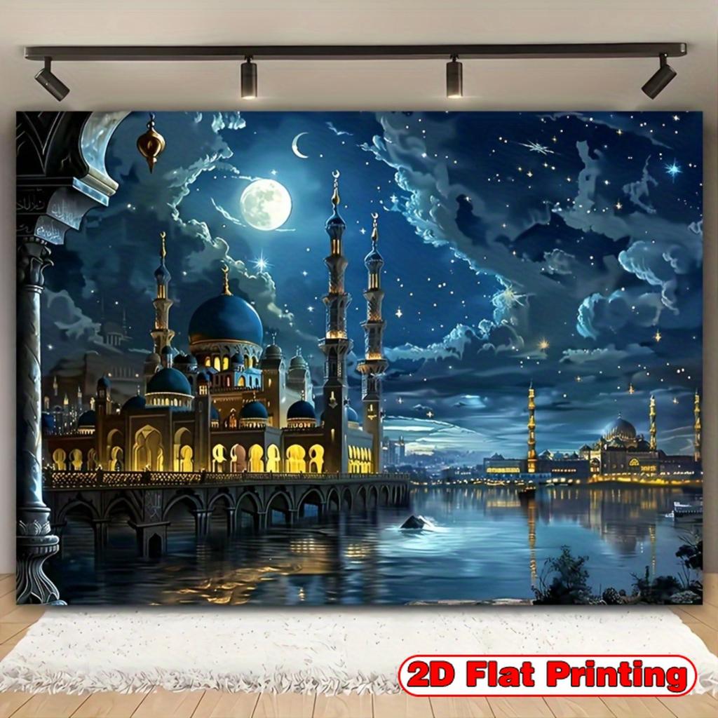 Islamic Theme Tapestry Middle Eastern Night with Mosque and Castle Dark Blue Gold Pattern for Wedding Ramadan Home Decor