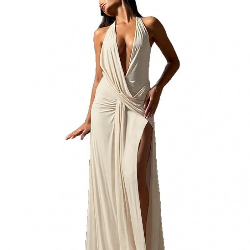 European and American summer fashion women's clothing, Spice Girl deep V neck pleated backless split dress new