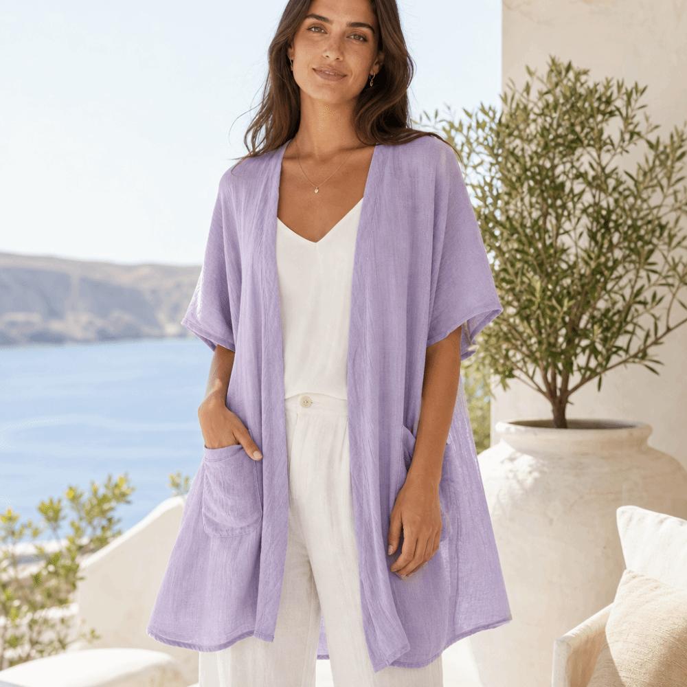 Short Sleeved Long Shawl Loose Beach Top Breathable Linen Cardigan  Summer Wear