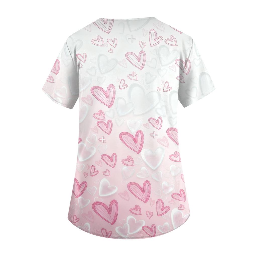 Women's Fashion Short-Sleeve Valentine's Day Print V-Neck Pocket Workwear Top