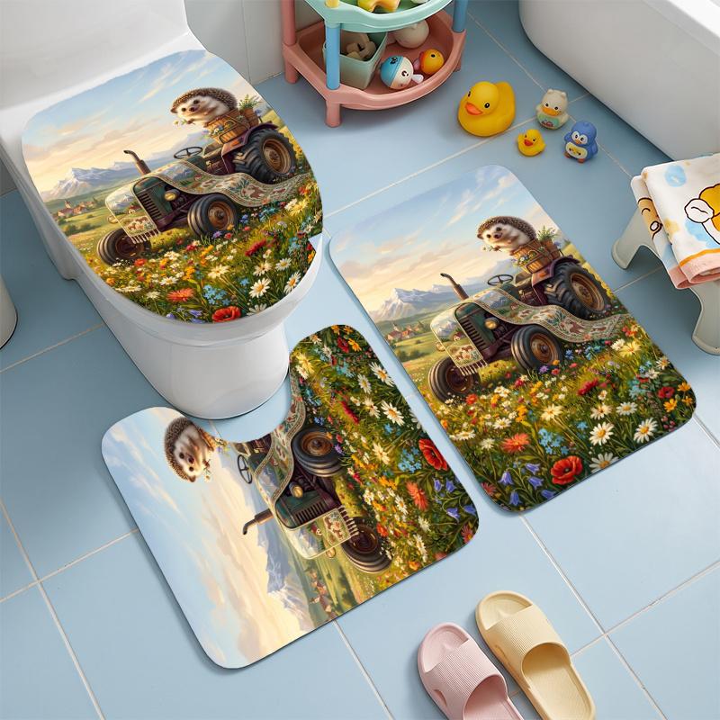 Tractor (5) Flannel Toilet 3 Piece Set Soft Bathroom Toilet Seat Cover Non-Slip Bath Rug Home Bathroom Decor