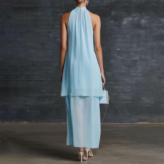 Maxi Abito da Donna Fluido in Chiffon, Senza Maniche con Scollo all'Americana, Abito da Ospite per Matrimonio, Orlo Asimmetrico, Abito da Sera Formale Estivo, Abito da Cocktail