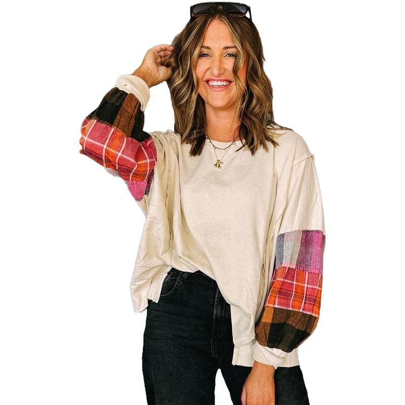 American Shiying Plaid Patchwork Long sleeve Top Women 2025 Autumn and Winter New Loose Contrast Color round Neck Knit