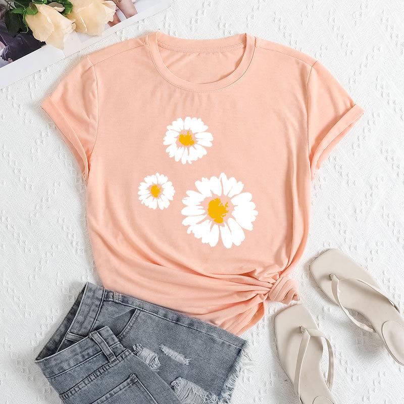

Летние женские свободные повседневные футболки с круглым вырезом и принтом «Три ромашки» из чистого хлопка с короткими рукавами для женщин 3XL