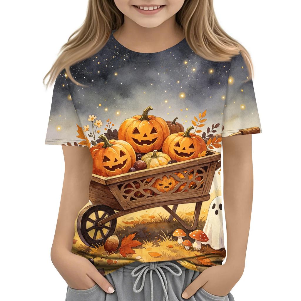 Kids Halloween Graphic T Shirt Short Sleeve Crew Neck Casual Tee Top with Pumpkin and Boat Print for Boys and Girls