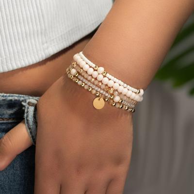 Ensemble 5 pièces Mode Rond Feuille de Fer Résine Imitation Cristal Perles Bracelets Élastiques pour Femmes Vacances à la Plage Ensembles de Bijoux Charme