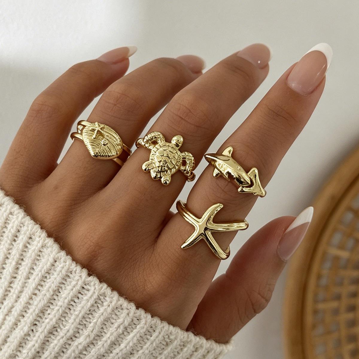 DIEZI One Set Exaggerated Ocean Finger Rings For Women Men Vintage Gold Color Seahorse Starfish Knuckle Joint Conch Ring Jewelry