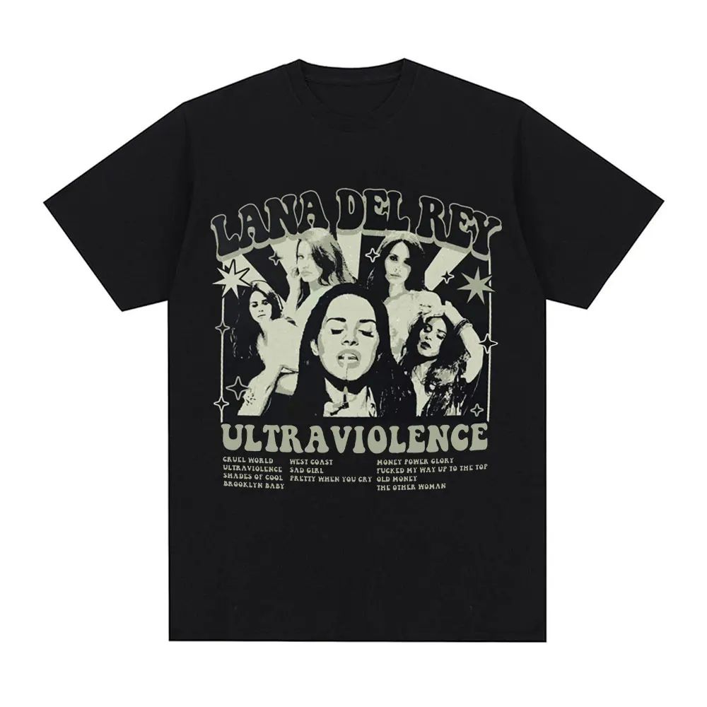 Gotické tričko s potiskem zpěváka Bavlněné tričko Ultraviolence Hudební album Tričko Vintage Hip Hop Streetwear Krátký rukáv Unisex