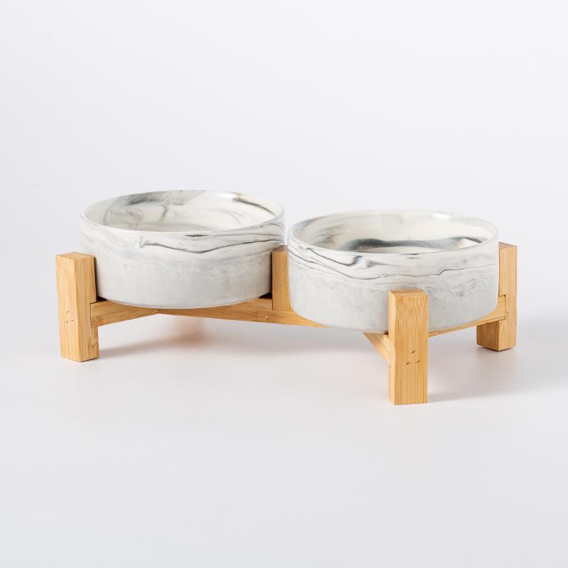 Ceramic Pet Food Bowl with Elevated Bamboo Stand - Anti-Tip Design for Dogs and Cats, Protects Cervical Spine