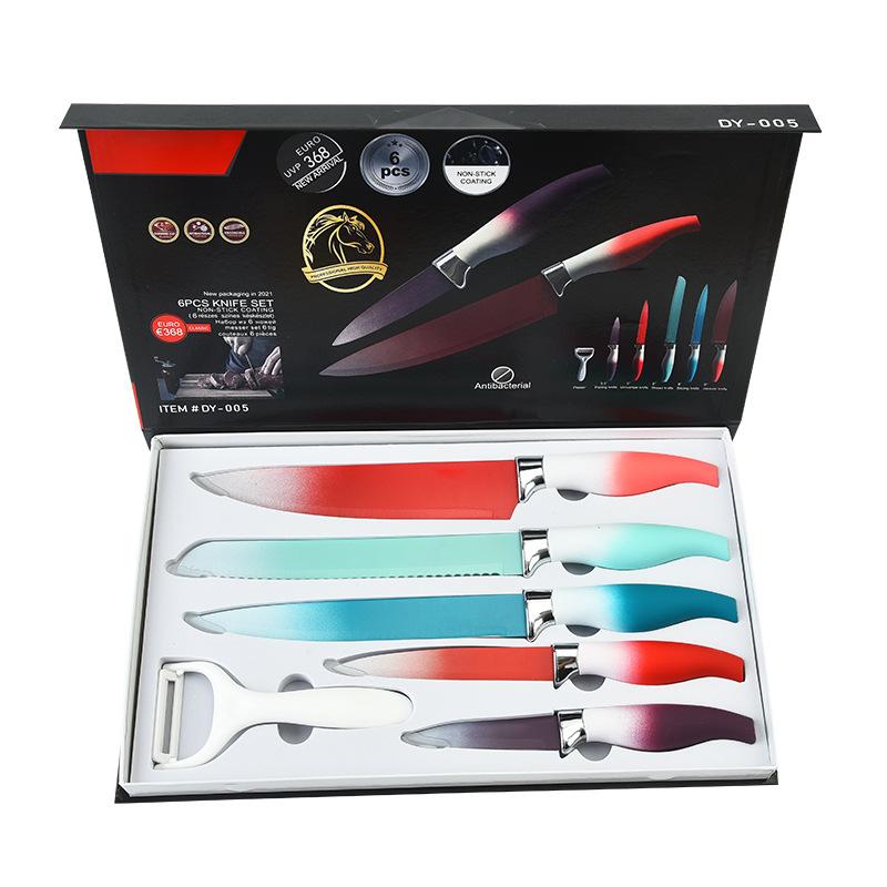 Sechsteiliges Messerset aus Edelstahl mit Farbverlauf für die Küche, Geschenkbox-Verpackung, Messerset