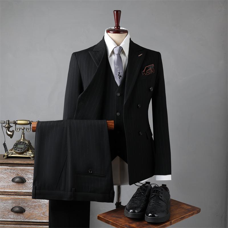 Men's Double-Breasted Striped Suit Set for Weddings & Business – Slim Fit Tuxedo & Formal Wear