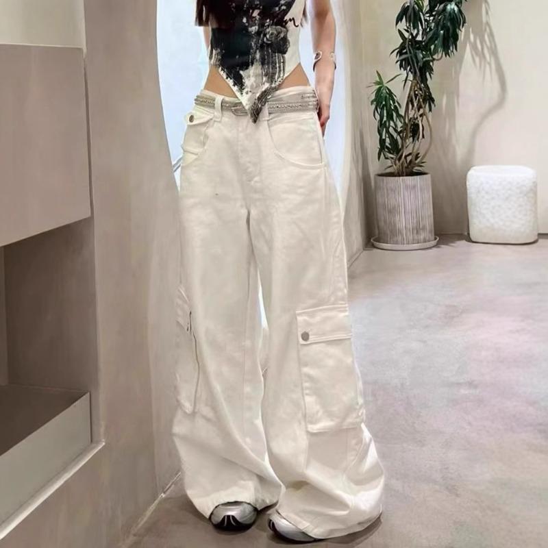 Autumn New High Waist Loose Casual Pockets Straight Jeans Women Wide Leg White Denim Pants Cargo Trousers