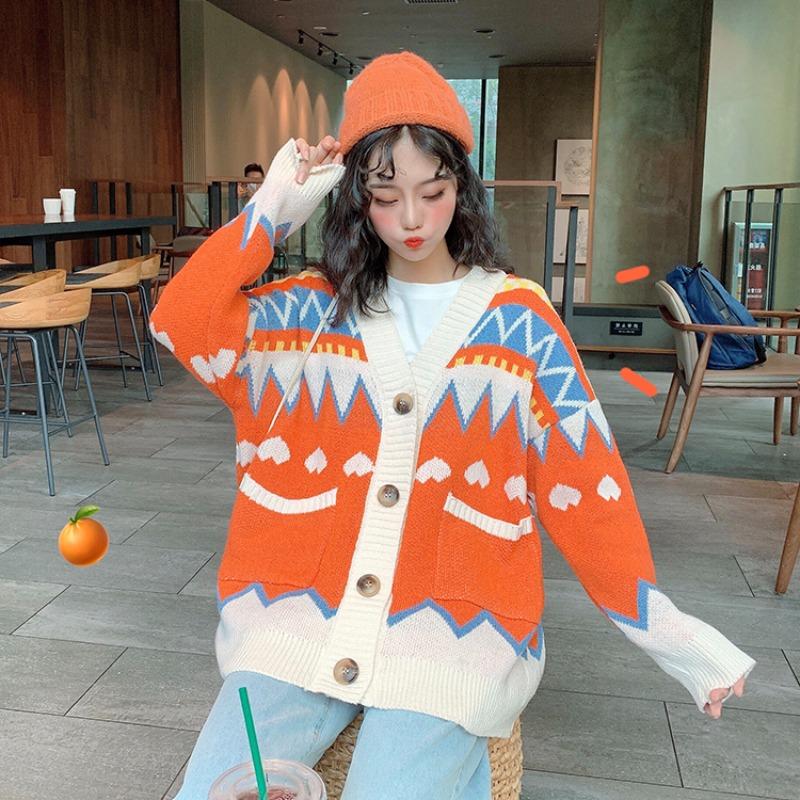 V-neck color lazy style Korean thick loose cardigan, autumn and winter new ladies gentle and cute sweater jacket 6010