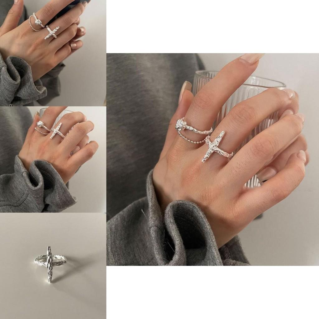 Sterling S925 Trendy Silver Open Ring Designed With Geometric Cross Texture For Aesthetics Modern