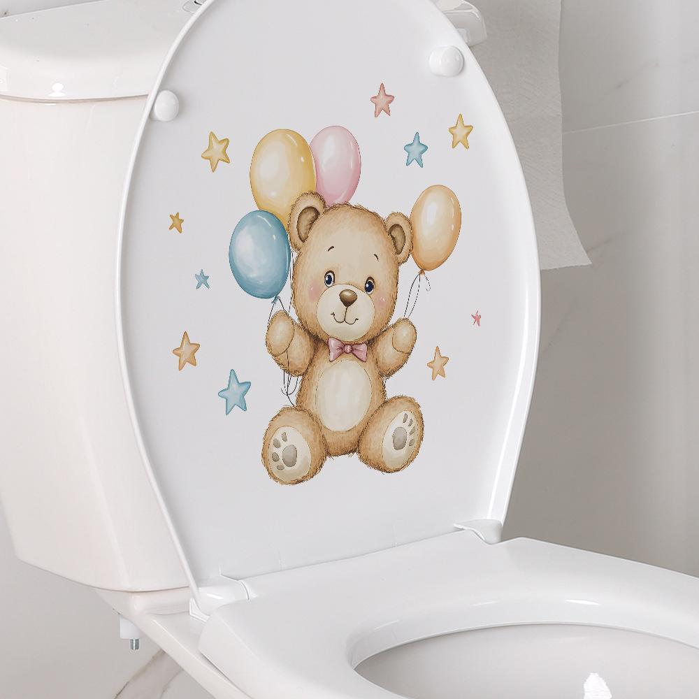Playful Bear with Balloons Toilet Sticker Waterproof Self-Adhesive Removable Decal for Bathroom WC Home Decor