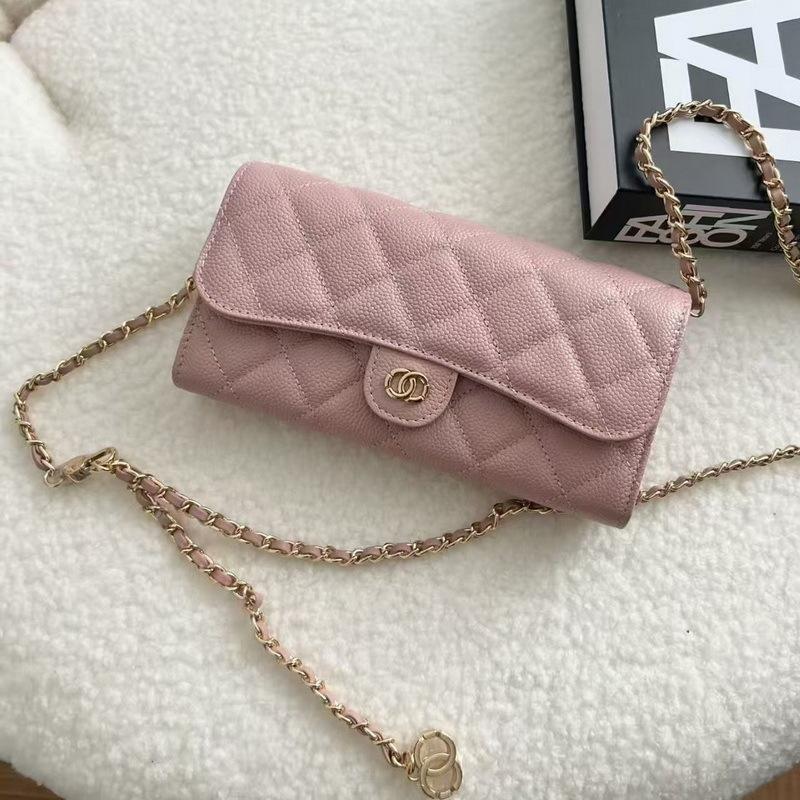 2026 New Caviar Patterned Cowhide Long Three Fold Wallet Hand-held Bag Chain Strap Crossbody Genuine Leather Women's