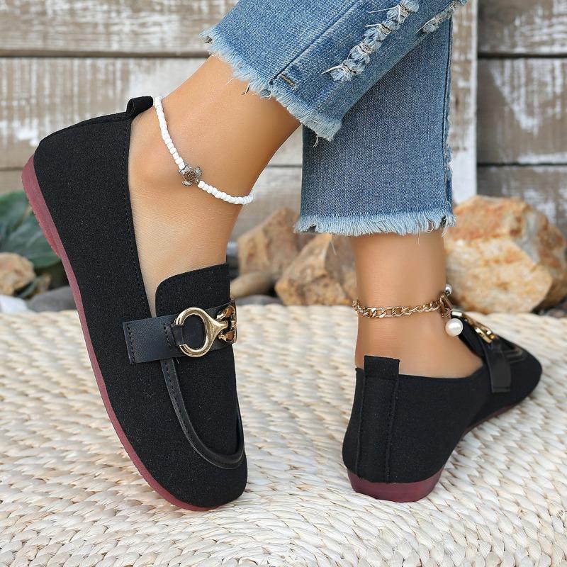 Women's Shoes Spring and Autumn New Korean Round Toe Shallow Metal Buckle Low Heel Flat Comfortable Casual Single Shoes