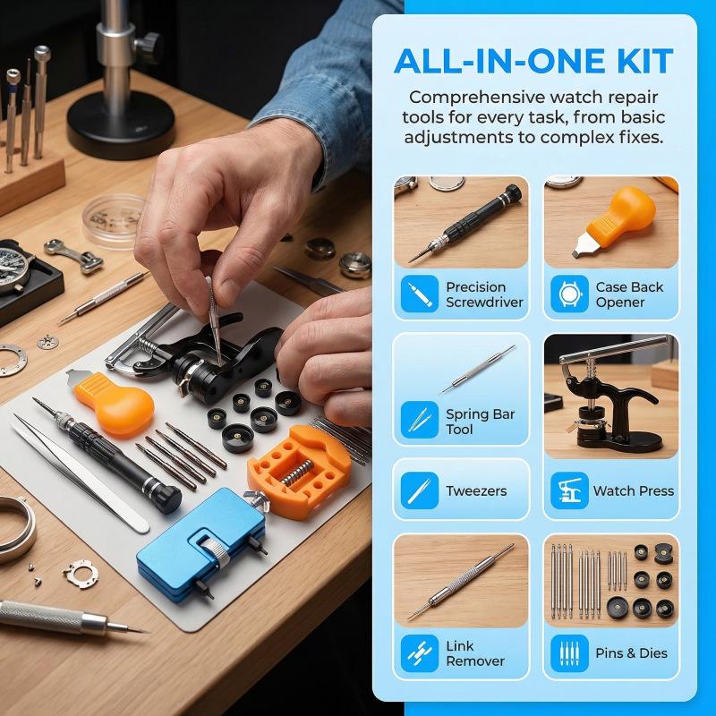 43-teiliges Uhrenreparaturset: Rückabdeckungspresse & Werkzeug zum Batteriewechsel
