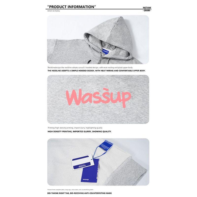 Wassup Trendy Brand Letter Sweatshirt for Men, Hooded, Loose, Casual, High Street Top, Jacket, Autumn and Winter, Fleece-Lined, Couple Style