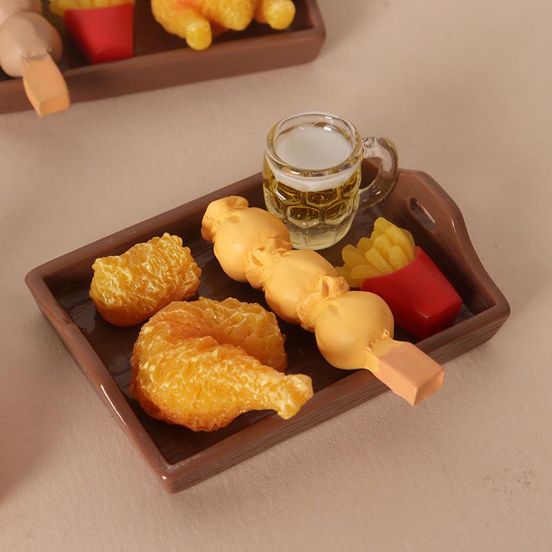 Miniature Dollhouse Food Set: Fries, Fried Chicken, Beer & BBQ Skewers - DIY Tray & Accessories.