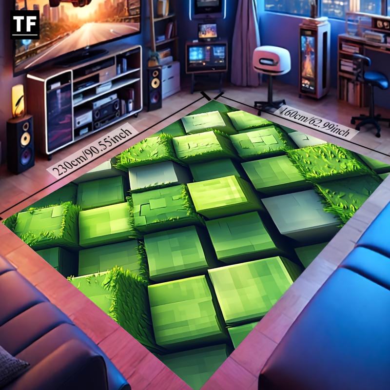 1pc Green Pixel Grid Crystal Velvet Carpet Cartoon Printed Floor Mat, Game Carpet Washable Crawling Carpet Suitable for Gamer Carpet