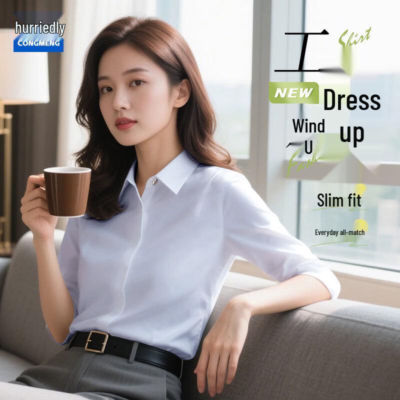 Cóng Méng Women s V-Neck Long Sleeve Professional Shirt XXL