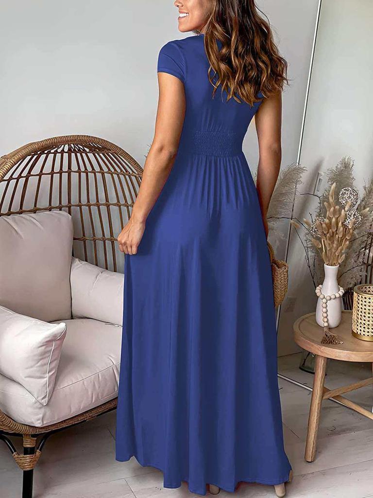 Women's Deep V-neck Pleated High-waisted Slit Evening Gown