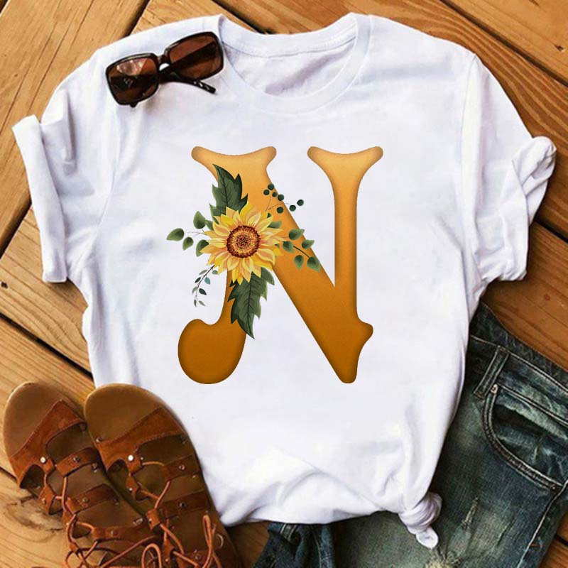 Maycaur Women's T Shirt Custom Name Letter Combination Print Tshirt Sunflower Letter Font A B C D E F G Short Sleeve Ladies Tops
