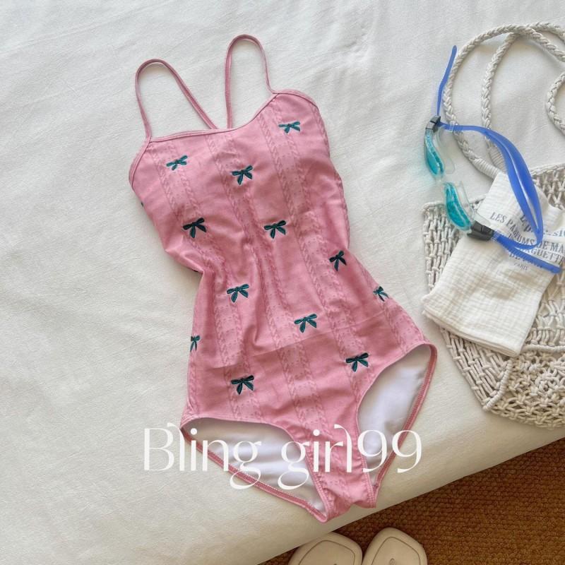 Sweetheart Strap Swimming Racing Swimsuit One-piece Small Fresh Embroidery Bow Pink Pure Desire M розовый