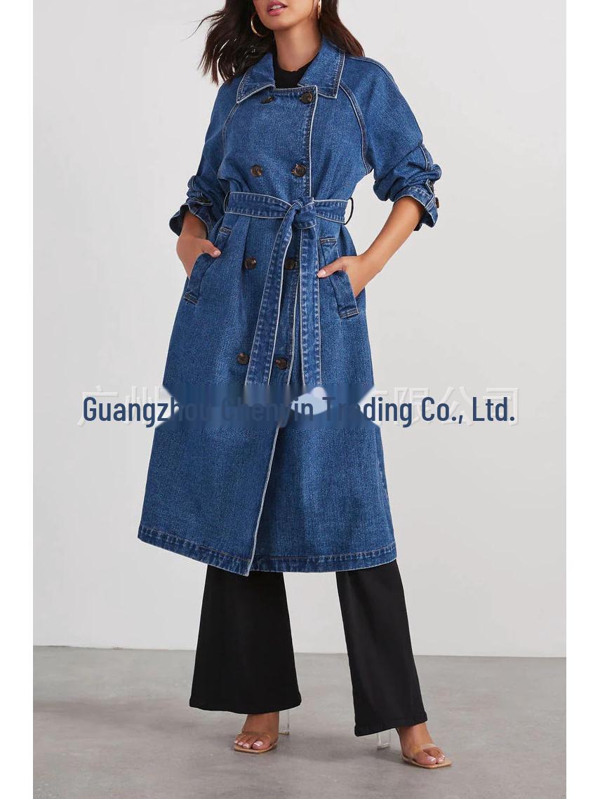 

Новая европейская и американская женская джинсовая ветровка осень/зима: Однотонное пальто свободного кроя с длинными пуговицами, двойными карманами Extra Extra Large джинсовый синий