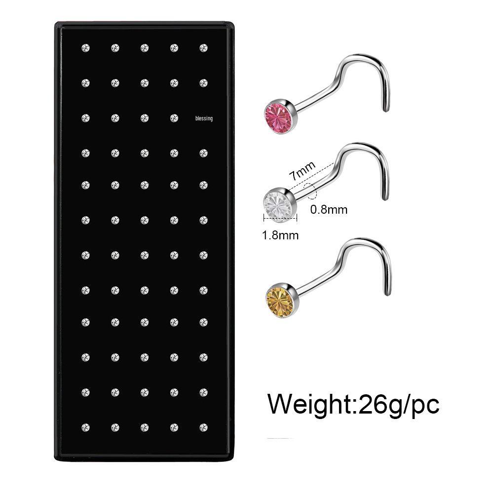 60 Stainless Steel L-Shaped Nose Studs (1.5/2.0/2.5mm) with Diamond Inlay Curve Nose Rings