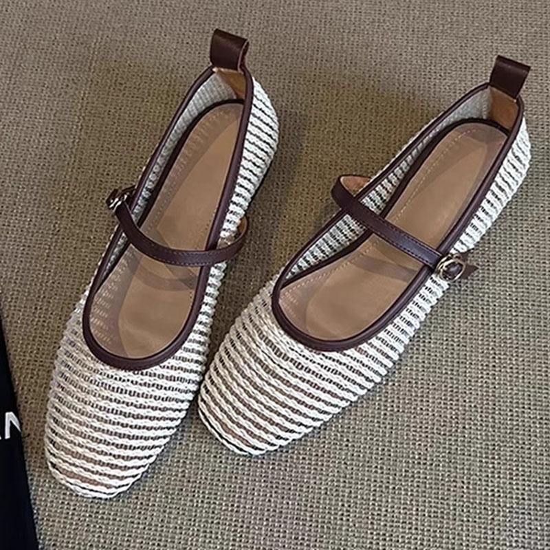 

Sheepskin version~ breathable mesh yarn woven round head with Mary Jane shoes women s versatile retro light mouth thick heel single shoes 40 коричневый