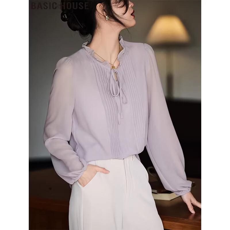 Basic House Ruffled Stand Collar Chiffon Blouse M