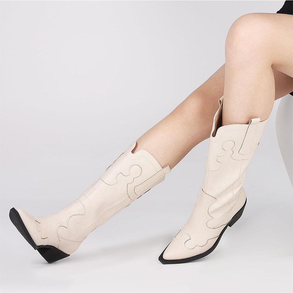 DoraTasia Fashion Pointed Toe Chunky Heel Embroidery Western Style Women's Mid Calf Boots Vintage Spring/Autumn Female Boots