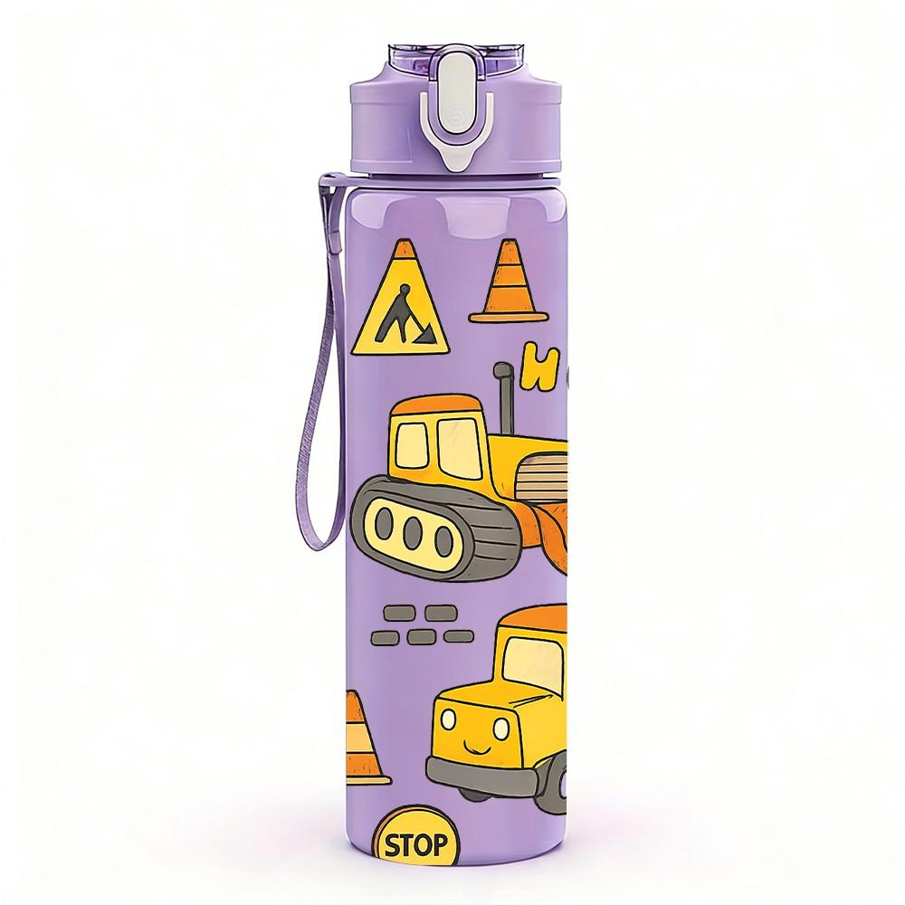 1PC Construction Truck Pattern 750ml Color Plastic Sports Water Bottle Leakproof Flip Straw Lid Suitable for Sports Office Home Use