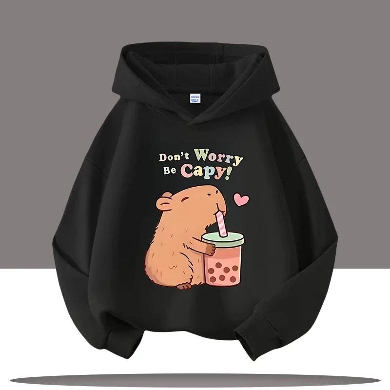 Jesienno-zimowa ciepła bluza z kapturem dla dzieci, pulower z kapibarą, bluza dla chłopców i dziewcząt, casualowy top dziecięcy z kreskówką